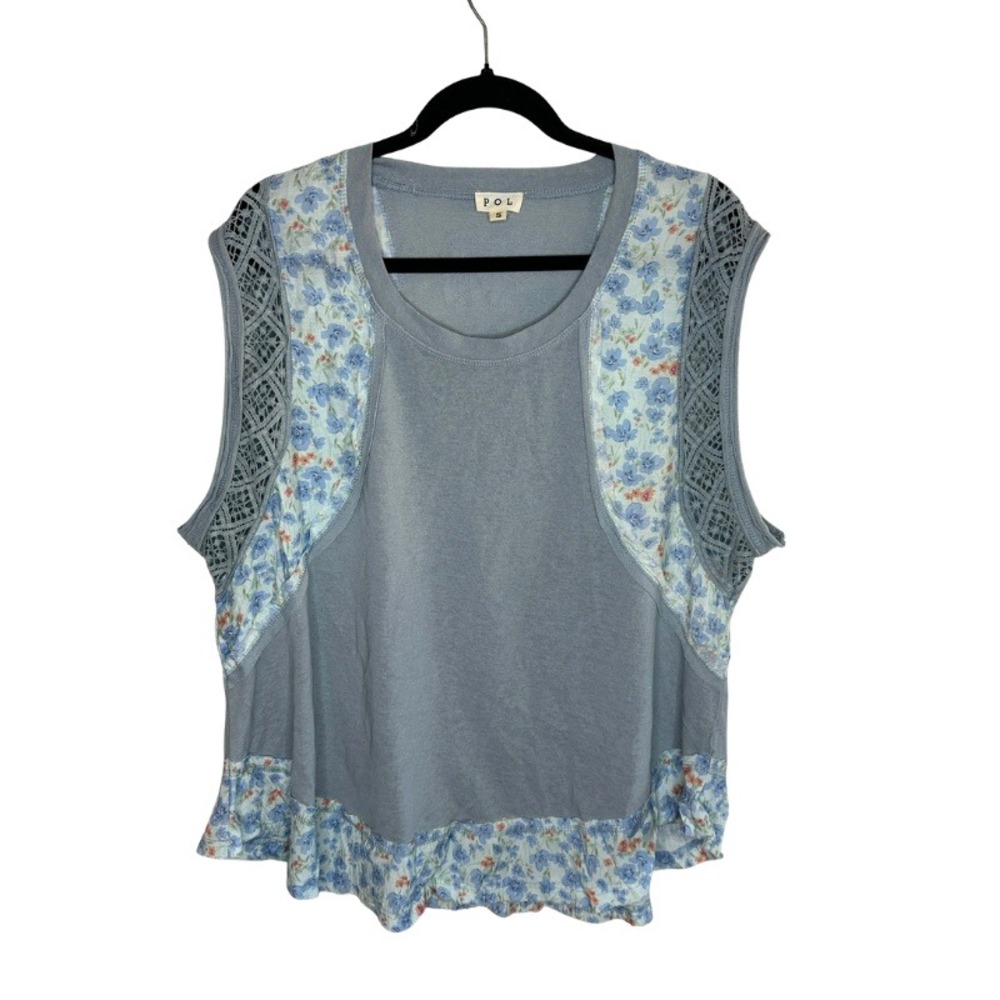 POL Blue Floral Mixed Media Crochet Lace Sleeveless Top Style YKT1372 Small NEW